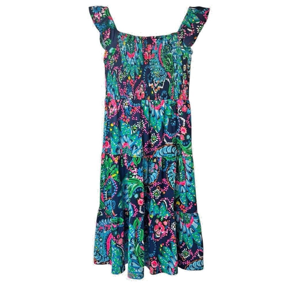 Lilly Pulitzer Girls Floral Smocked Midi Dress Take Me to the Sea NWT M 8-10